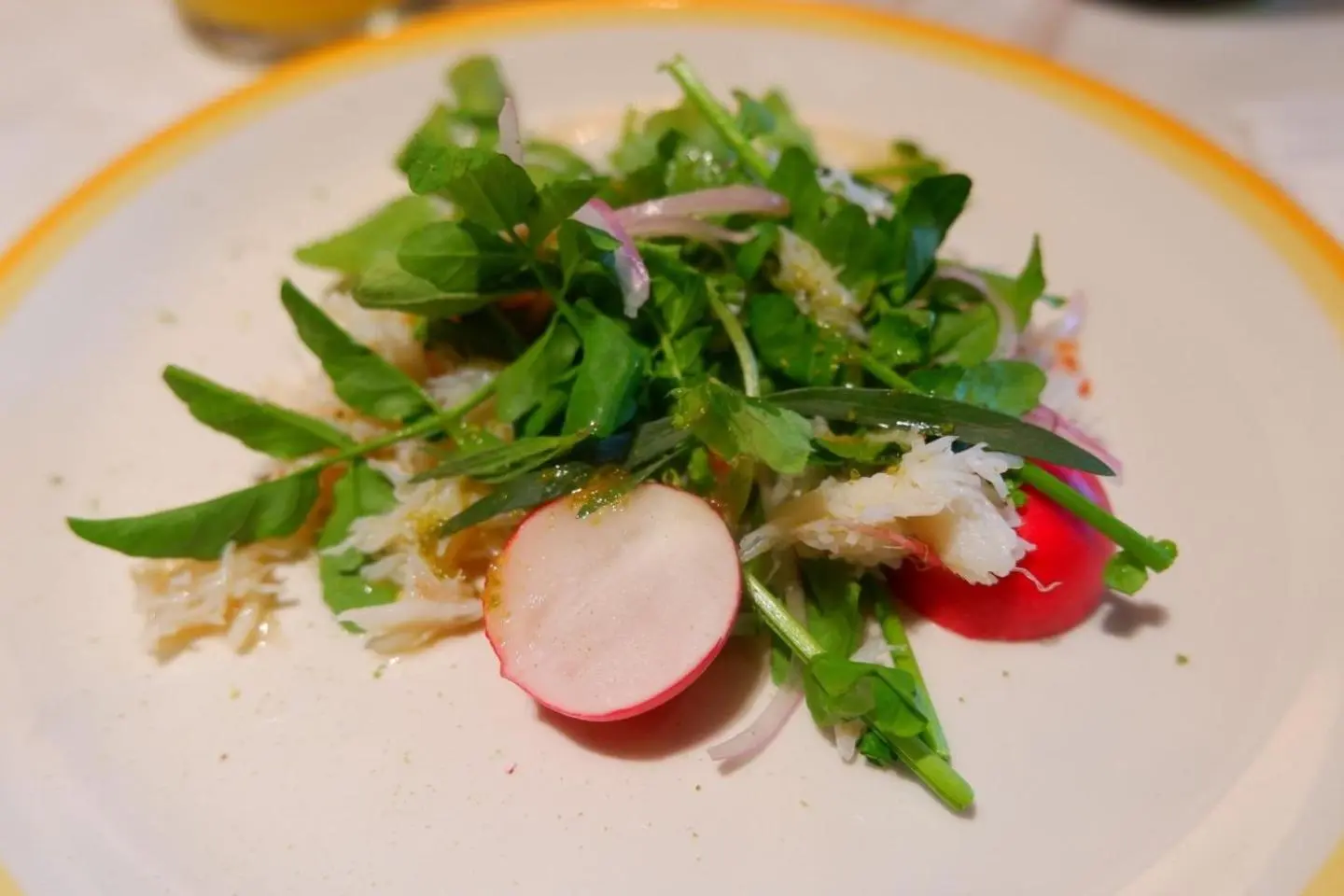 White crab and radish salad, paired with watercress and green sansho pepper