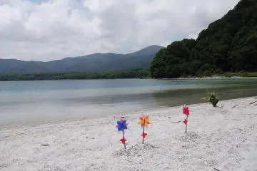 <p>กังหันหลากสีบนชายหาด หมุนอยู่ในสายลม</p>