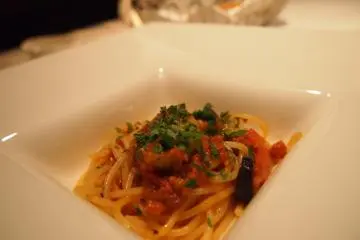 Spaghettini with eggplant and octopus - a flavourful dish without being too overpowering.