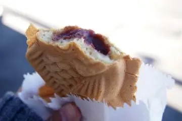 타이야키 코보: 내부의 부드러운 끈적임이 바삭바삭하게 구운 피부와 어우러져 놀라운 질감으로 되어있다.