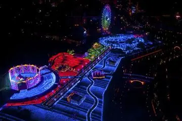 Aerial view of the Art Garden from the Domtoren observation deck; the Domtoren is a 105-meter tower that offers a stunning view of the park and Omura Bay.