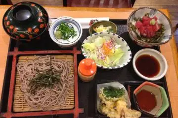 <p>I had previously not enjoyed cold soba nor necessarily looked forward to variety sets like this; the tuna rice and seaweed bowl with wasabi poured over it was extremely delicious</p>