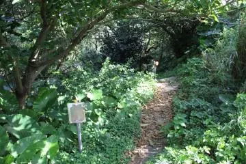 <p>Look for this decending pathway on the right and listen for the vehicular traffic entering and exiting the highway tunnel that is just below the nearby cliff</p>