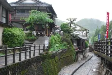Yunomine's main street is lined with wooden houses