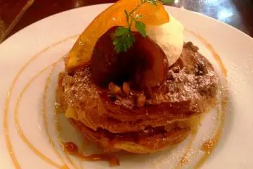 Exquisite airy mille fille with autumn chestnuts and orange slice at Cafe &amp; Books Bibliotheque Umeda, Osaka City.