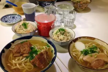 <p>Our family of four dined for 2,240 yen; we&nbsp;ordered&nbsp;two small Okinawa Soba bowls for our young boys, a large pork rib soba for my wife,&nbsp;a large soft soki soba for myself and enjoyed the complimentary wheat tea and water&nbsp;</p>