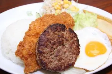 A set meal with pork cutlet, egg, hamburger steak, salad, and rice