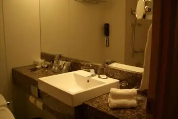 Marble Bathroom in Basic Twin Bed Hotel Room