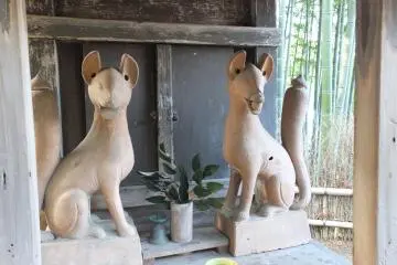 <p>Up the hill I found this small shrine containing two clever foxes</p>