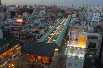 <p>View from the Miharashiya Cafe on the 8th floor of the Asakusa&nbsp;Culture Tourist Information Center.&nbsp;The crowds passing on the street and the people winding through&nbsp;Nakamise&nbsp;Dori offer good action to watch from above.</p>