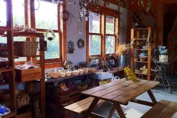 Wooden guesthouse complete with an organic food restaurant! (Photo: Deli)