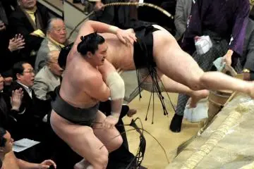 As Hakuho falls he pulls Kotooshu with him...